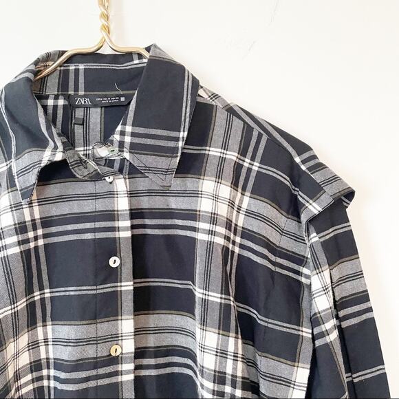 NWT Zara Black and White Plaid Balloon Sleeve Pleated Cropped Shirt M - Picture 5 of 8